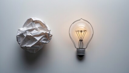 Arrangement featuring a crumpled paper ball alongside a lamp bulb illustration on a white surface, viewed from above. Innovative idea.