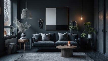 interior design of a modern, moody home featuring a simulated black wall