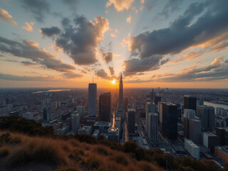 Naklejka premium Sunset over building