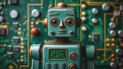 Fototapeta premium Vintage tin robot toy set against a green circuit board backdrop, embodying concepts of artificial intelligence.