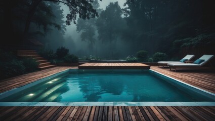 a pool with a timber deck and steps