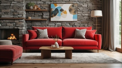 Vibrant red couch in a cozy living area featuring a stone wall - digital rendering