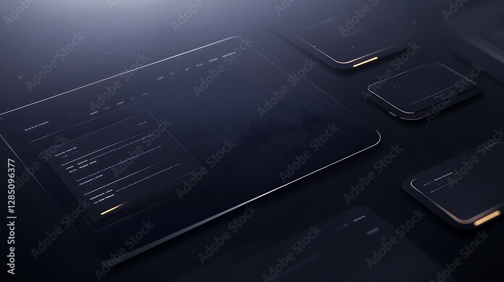 Poster futuristic interface with devices glowing against a dark background, showcasing digital technology a
