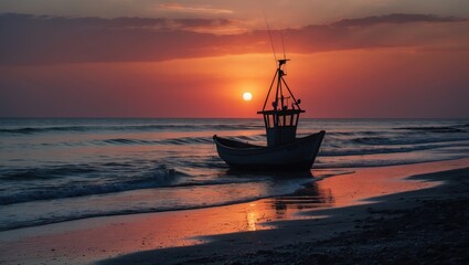 Fototapeta premium Stunning seaside sunset featuring a shadowed fishing vessel against the backdrop.