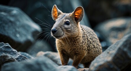 Naklejka premium Portrait of a Bush Hyrax (Heterohyrax brucei) set against a rocky backdrop