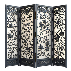 A Traditional Chinese Folding Screen with Intricate Floral Design Isolated on Transparent Background