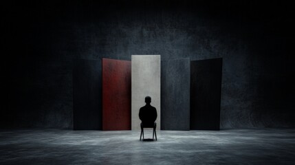 Obraz premium Solitary Figure Contemplating Choices Against Dark Background