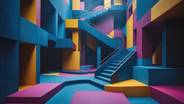 stairways and vibrant, intricate structures. labyrinths of abstract shapes. The environment brings to mind the series Squid Game.