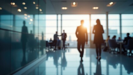 contemporary office space featuring indistinct professionals in motion