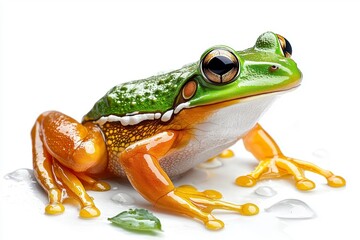 Naklejka premium Vibrant green frog observing its surroundings close-up nature photography studio environment detailed viewpoint