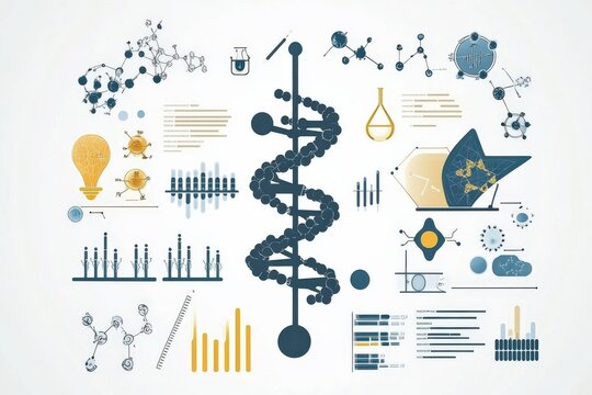 Scientific illustrations featuring DNA, molecules, lab equipment, and research graphics