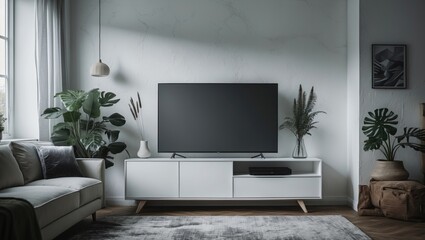 Design a concept for a modern white living room wall featuring a TV unit.