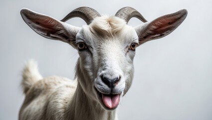 Close-up of a goat with its tongue out, set against a white background.