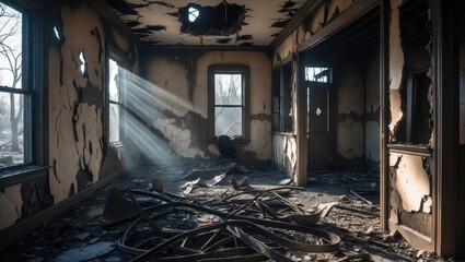 Interior of a charred house post-fire, devastated room concept reflecting disaster or war aftermath.