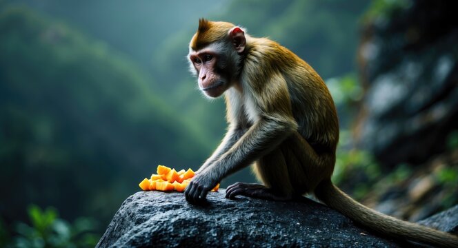 A monkey perches on a rock while searching for its meal.
