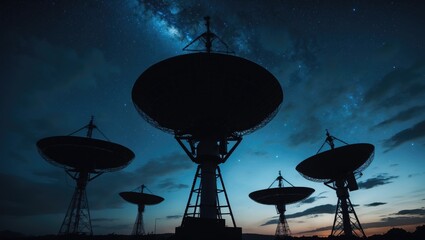 Shadows of satellite dishes or radio antennas set against a starry night backdrop. Space observatory or air defense radar amidst a stunning night sky. Artistic decorative piece with selective focus.