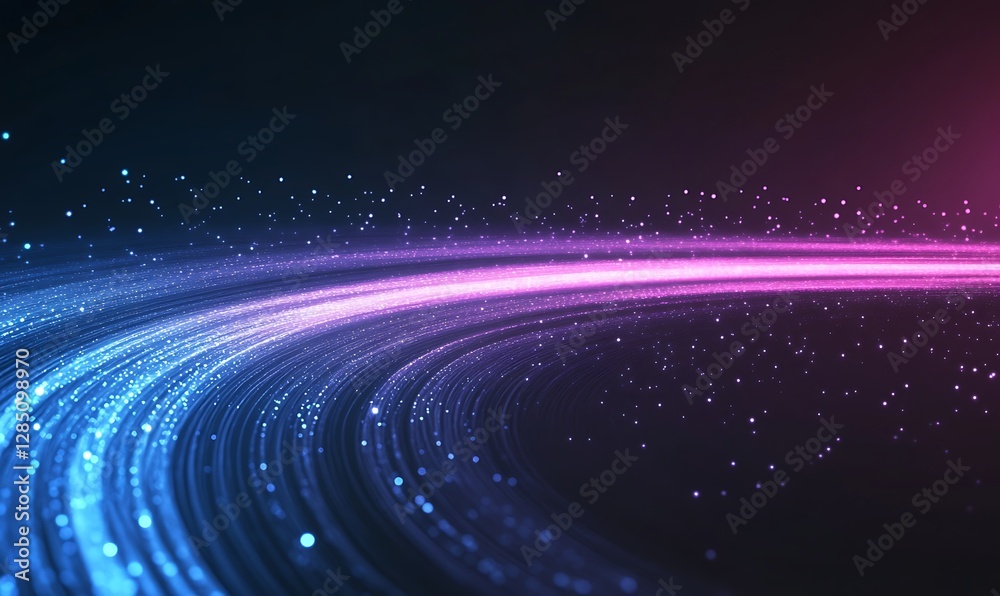 Poster colorful abstract light trails with sparkling effects against a dark background.