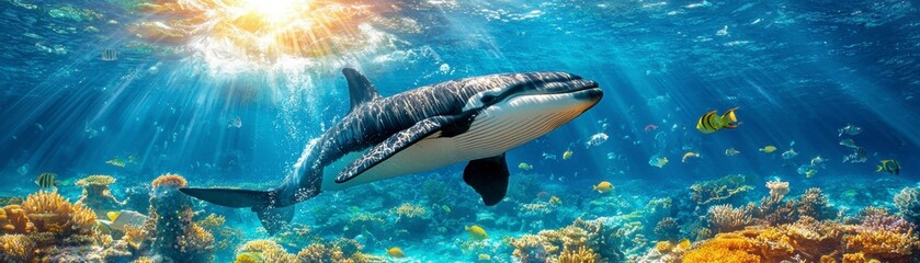 Naklejka premium Diving with majestic sharks coral reefs underwater photography marine life vibrant environment stunning perspective