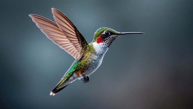 Hummingbird with a striped tail captured in mid-air using a high shutter speed.