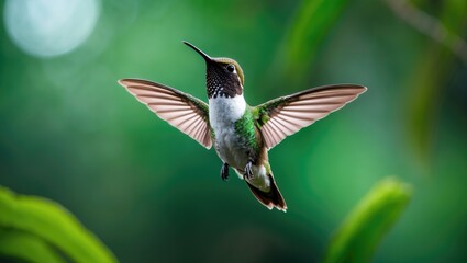 Fototapeta premium Hummingbird in flight, showcasing wing details. White-bellied Woodstar against a vibrant green backdrop. A bird from Tandayapa, Ecuador, soaring in a tropical forest.