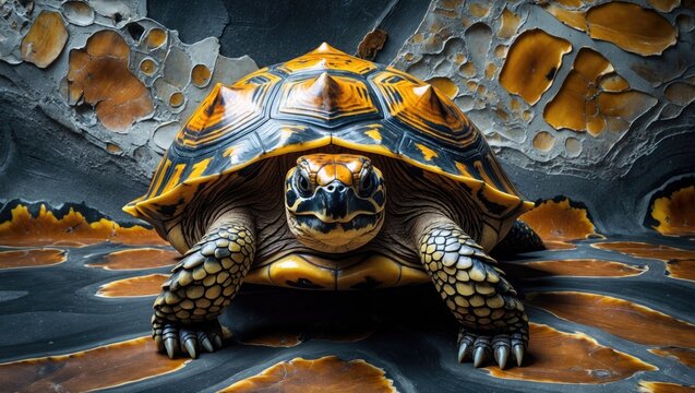 Abstract art featuring a tortoiseshell pattern and a tortoise against a textured background.