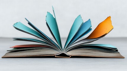 Open book with colorful pages fanned out on a gray surface