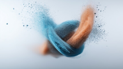 A close-up of two intertwined objects composed of fine blue and orange powder - Generative AI