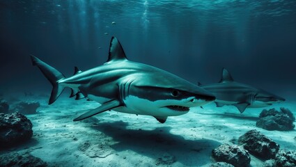 Fototapeta premium Bullsharks are observed gliding toward the ocean floor.