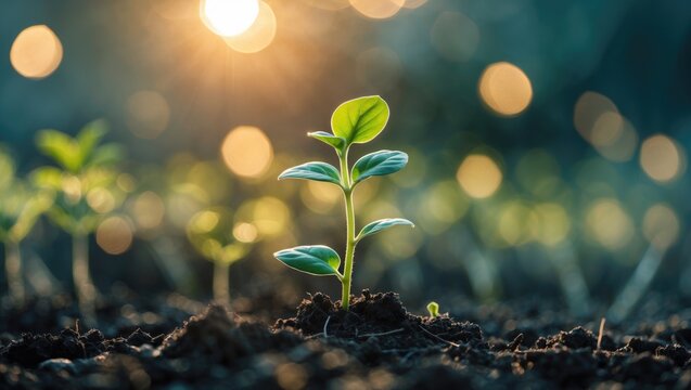 Fototapeta Sprouting plant. A young plant illuminated by sunlight with lens flare and bokeh effects, representing themes of ecology, development, or a net-zero carbon economy in a vertical format.