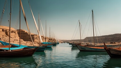 Obraz premium Sailboats anchored along the Nile River in Aswan on a summer day