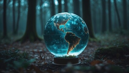 A luminous globe situated within a wooded area.