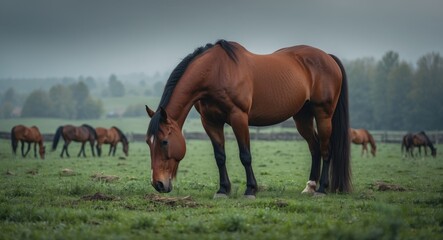 Fototapeta premium A chestnut horse feeding in a pasture. A field filled with horses grazing. The essence of rural life, distant from urbanization and civilization, connection with nature, and the joy of living.