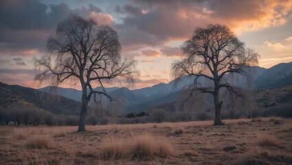 Scenic view featuring two bare poplar trees during winter, with a cloudy sky and mountains at sunset in the El Paramo region of Leon, Spain.
