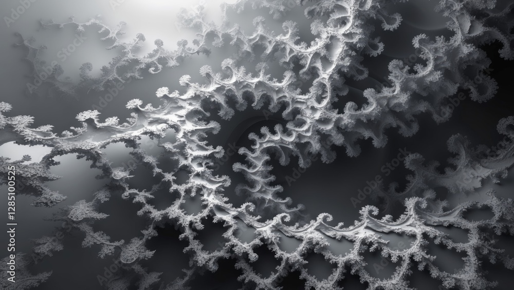 Poster monochrome fractal design set against an abstract background generated by computers.
