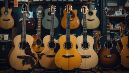 A collection of traditional acoustic guitars displayed in a music shop.