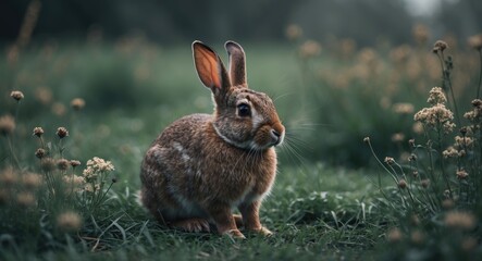 Fototapeta premium Coffee-colored rabbit on grassy terrain
