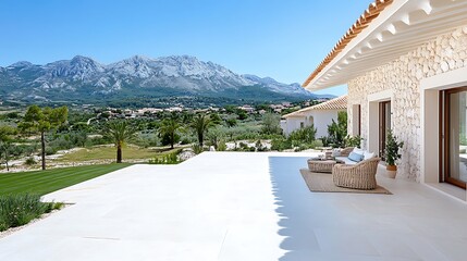 Stunning Mediterranean Villa Patio with Mountain View Outdoor Furniture and Lush Landscaping