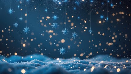 Obraz premium Glittering blue stars and snowflakes descend in the background.