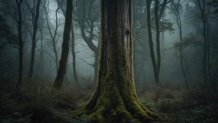 Obraz premium Tall view of a moss-covered tree amidst a forest and its surrounding greenery.