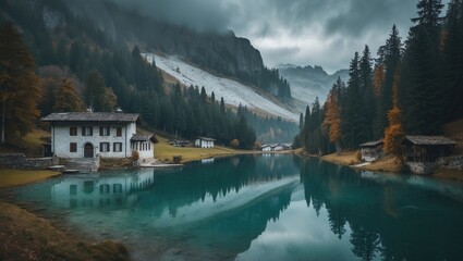 Fototapeta premium The village of Anaunia in Italy features a quaint alpine lake surrounded by ancient fir trees.