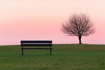 Fototapeta premium Park bench, tree, pink sunset, peaceful scene, solitude