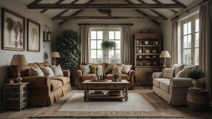 Naklejka premium mockup of a farmhouse-style living room interior