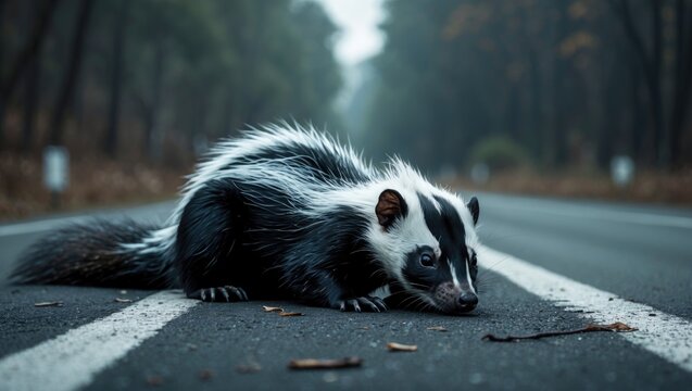 roadkill skunk lying on the street