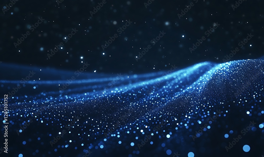 Poster abstract blue waves of light particles create a serene, digital atmosphere.