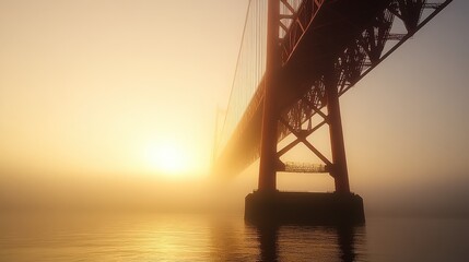 Obraz premium Majestic Bridge Silhouette at Sunrise in Thick Mist Over Water