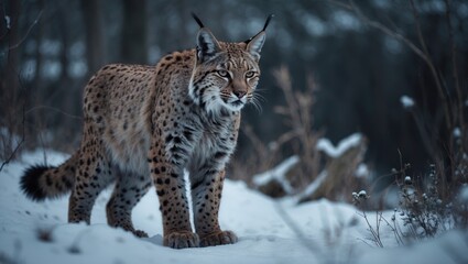 Obraz premium A large lynx remains alert in the snowy winter landscape.