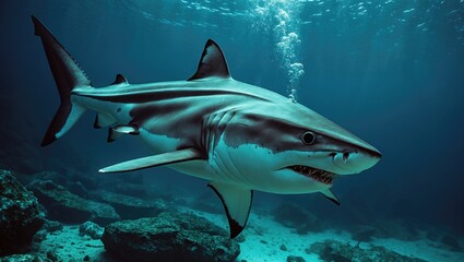 Fototapeta premium Bullsharks are observed gliding downwards in the water.