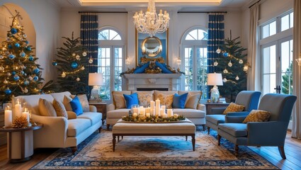 Naklejka premium Charming living room ambiance adorned for Hanukkah celebrations