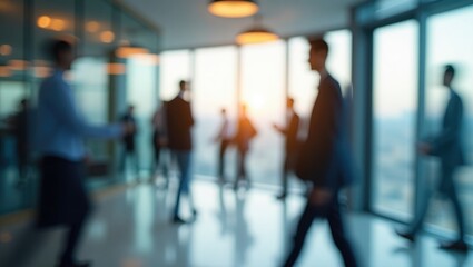 contemporary workplace scene with indistinct professionals in action