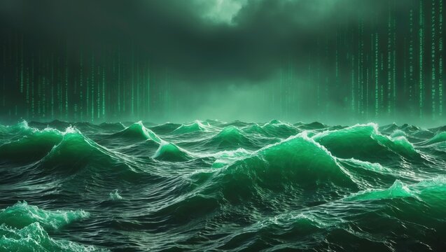 Futuristic green wave backdrop featuring digital code elements